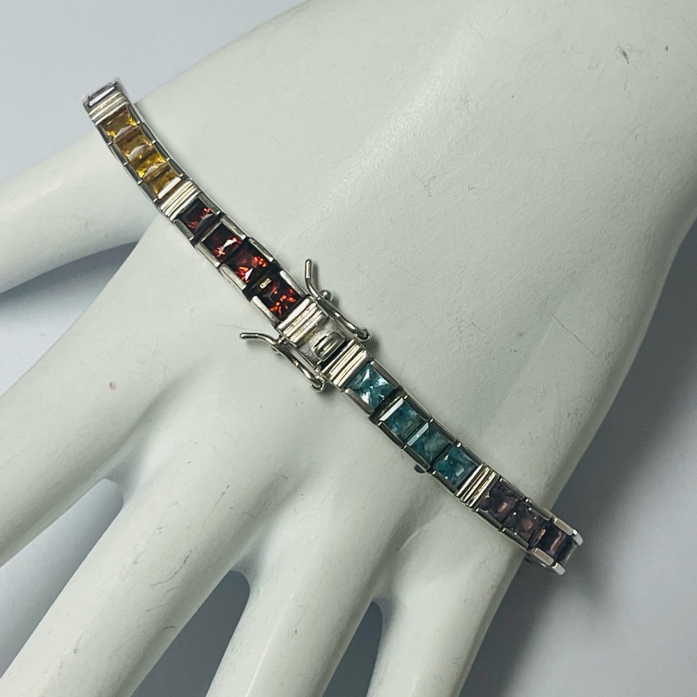 Vintage Sterling Silver Gemstones Tennis Bracelet - Picture 2 of 9